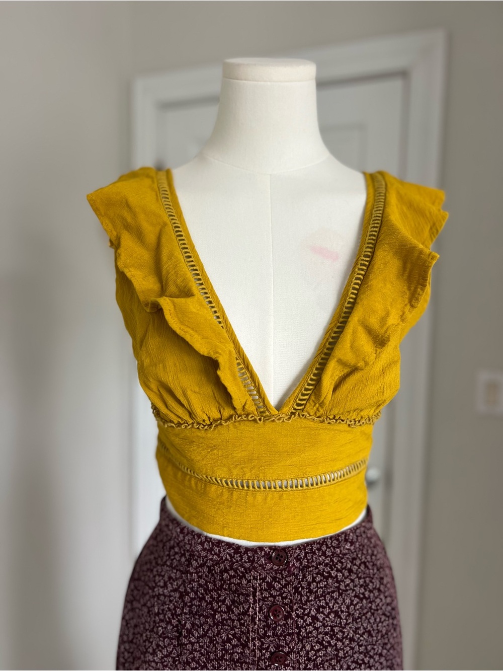 Free People Lillian Lace-Up Ruffle V-Neck Backless Tank Top S Forsythia